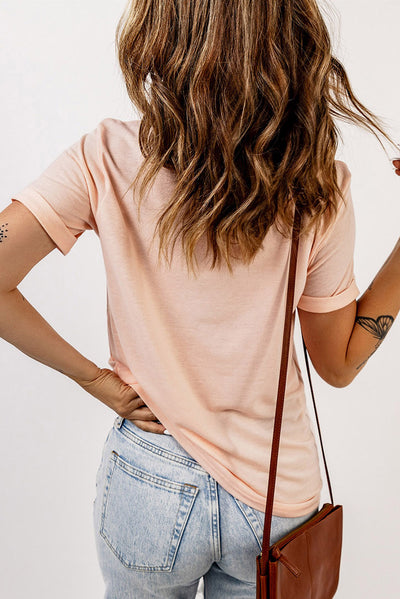 Graphic Cuffed Sleeve Round Neck T-Shirt - SHE BADDY© ONLINE WOMEN FASHION & CLOTHING STORE