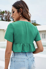 Tie Front Plunge Peplum Cropped Blouse - SHE BADDY© ONLINE WOMEN FASHION & CLOTHING STORE