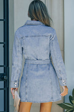Button Down Collared Neck Belted Denim Dress - SHE BADDY© ONLINE WOMEN FASHION & CLOTHING STORE