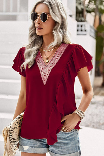 Contrast Ruffle Trim Flutter Sleeve Blouse - SHE BADDY© ONLINE WOMEN FASHION & CLOTHING STORE