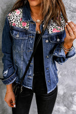 Mixed Print Distressed Button Front Denim Jacket - SHE BADDY© ONLINE WOMEN FASHION & CLOTHING STORE