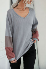 Color Block Sleeve Waffle Knit Tee - SHE BADDY© ONLINE WOMEN FASHION & CLOTHING STORE