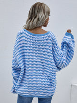 Striped Drop Shoulder V-Neck Pullover Sweater - SHE BADDY© ONLINE WOMEN FASHION & CLOTHING STORE