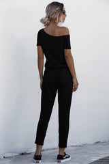 Asymmetrical Neck Tied Jumpsuit with Pockets - SHE BADDY© ONLINE WOMEN FASHION & CLOTHING STORE