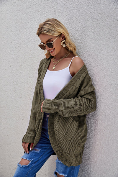 Cable-Knit Curved Hem Open Front Cardigan - SHE BADDY© ONLINE WOMEN FASHION & CLOTHING STORE