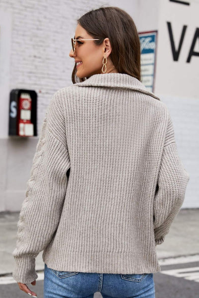 Half Zip Mixed Knit Collared Sweater - SHE BADDY© ONLINE WOMEN FASHION & CLOTHING STORE