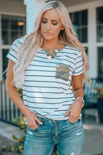 Striped Notched Neck T-Shirt - SHE BADDY© ONLINE WOMEN FASHION & CLOTHING STORE