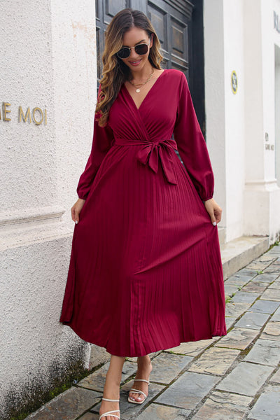 Pleated Long Sleeve Surplice Maxi Dress - SHE BADDY© ONLINE WOMEN FASHION & CLOTHING STORE