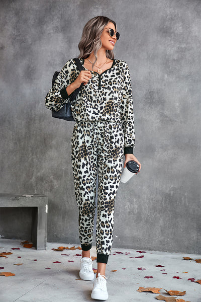 Leopard V-Neck Dropped Shoulder Loungewear Set - SHE BADDY© ONLINE WOMEN FASHION & CLOTHING STORE