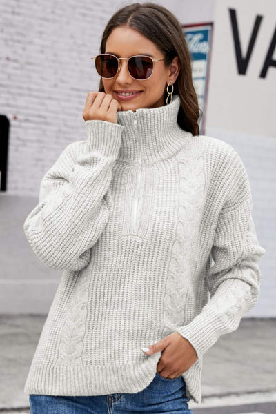 Half Zip Mixed Knit Collared Sweater - SHE BADDY© ONLINE WOMEN FASHION & CLOTHING STORE