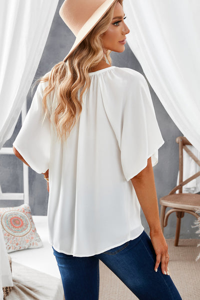 Gathered Detail Notched Neck Flutter Sleeve Top - SHE BADDY© ONLINE WOMEN FASHION & CLOTHING STORE