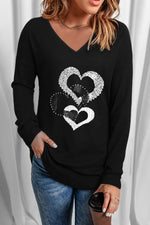 Heart Contrast V-Neck Long Sleeve Tee - SHE BADDY© ONLINE WOMEN FASHION & CLOTHING STORE