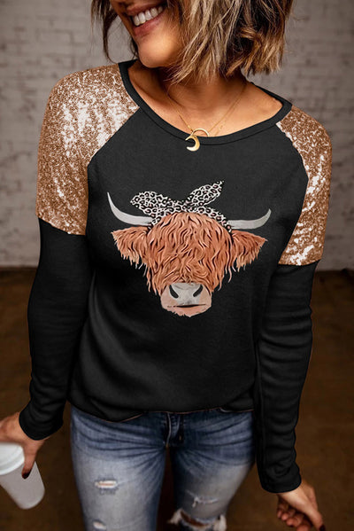 Contrast Sequin Animal Graphic Round Neck Top - SHE BADDY© ONLINE WOMEN FASHION & CLOTHING STORE