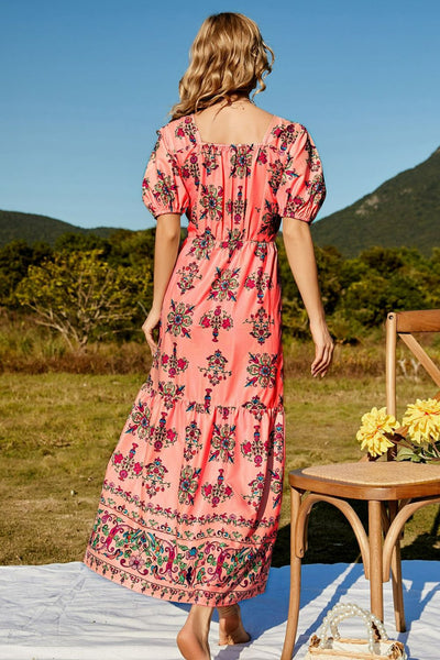 Floral Ruched Puff Sleeve Tiered Maxi Dress - SHE BADDY© ONLINE WOMEN FASHION & CLOTHING STORE