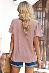 Frill Trim Round Neck Eyelet Puff Sleeve Blouse - SHE BADDY© ONLINE WOMEN FASHION & CLOTHING STORE