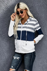 Striped Color Block Drawstring Zip Up Hoodie - SHE BADDY© ONLINE WOMEN FASHION & CLOTHING STORE