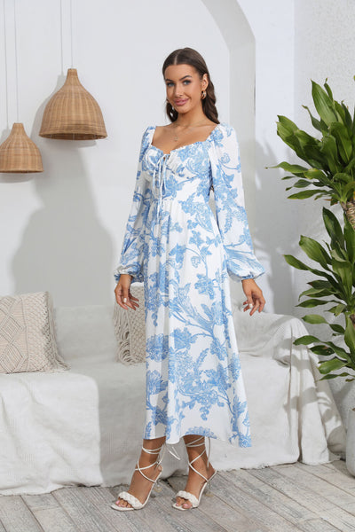 Floral Tie Front Sweetheart Neck Midi Dress - SHE BADDY© ONLINE WOMEN FASHION & CLOTHING STORE