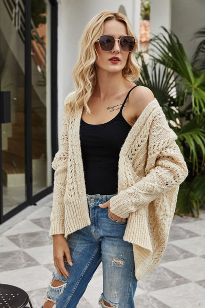 Ribbed Trim Openwork Open Front Cardigan - SHE BADDY© ONLINE WOMEN FASHION & CLOTHING STORE