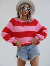 Striped Raglan Sleeve Ribbed Trim Knit Top - SHE BADDY© ONLINE WOMEN FASHION & CLOTHING STORE