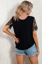 Strappy Neck Spliced Lace Eyelash Trim Blouse - SHE BADDY© ONLINE WOMEN FASHION & CLOTHING STORE