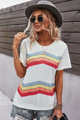 Multicolored Chevron Stripe Round Neck Side Slit T-Shirt - SHE BADDY© ONLINE WOMEN FASHION & CLOTHING STORE