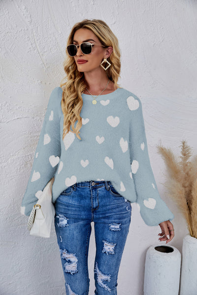 Heart Print Fuzzy Crewneck Long Sleeve Sweater - SHE BADDY© ONLINE WOMEN FASHION & CLOTHING STORE