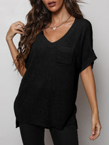 V-Neck Slit High-Low Knit Top - SHE BADDY© ONLINE WOMEN FASHION & CLOTHING STORE