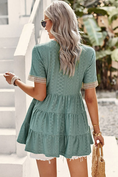 Contrast Short Sleeve Tiered Blouse - SHE BADDY© ONLINE WOMEN FASHION & CLOTHING STORE