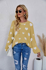 Heart Print Fuzzy Crewneck Long Sleeve Sweater - SHE BADDY© ONLINE WOMEN FASHION & CLOTHING STORE