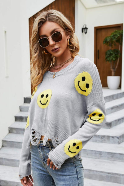 Smiley Face Distressed Round Neck Sweater - SHE BADDY© ONLINE WOMEN FASHION & CLOTHING STORE