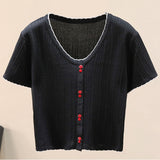 Contrast Decorative Button Short Sleeve Knit Top - SHE BADDY© ONLINE WOMEN FASHION & CLOTHING STORE