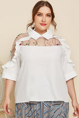 Plus Size Embroidered Ruffle Trim Collared Half Sleeve Blouse - SHE BADDY© ONLINE WOMEN FASHION & CLOTHING STORE