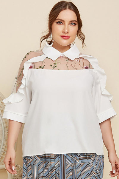 Plus Size Embroidered Ruffle Trim Collared Half Sleeve Blouse - SHE BADDY© ONLINE WOMEN FASHION & CLOTHING STORE