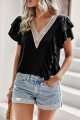 Contrast Ruffle Trim Flutter Sleeve Blouse - SHE BADDY© ONLINE WOMEN FASHION & CLOTHING STORE