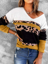 Leopard Color Block V-Neck Rib-Knit Sweater - SHE BADDY© ONLINE WOMEN FASHION & CLOTHING STORE