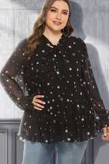 Plus Size Star Print Tie-Neck Peplum Blouse - SHE BADDY© ONLINE WOMEN FASHION & CLOTHING STORE