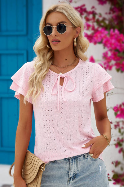 Eyelet Tie-Neck Flutter Sleeve Blouse - SHE BADDY© ONLINE WOMEN FASHION & CLOTHING STORE