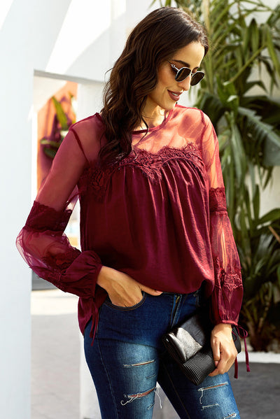 Tied Spliced Mesh Bubble Sleeve Blouse - SHE BADDY© ONLINE WOMEN FASHION & CLOTHING STORE