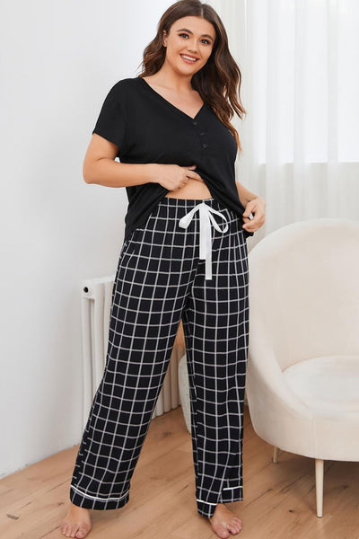 Plus Size V-Neck Top and Plaid Pants Lounge Set - SHE BADDY© ONLINE WOMEN FASHION & CLOTHING STORE