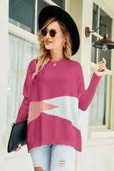 Color Block Round Neck Side Slit Sweater - SHE BADDY© ONLINE WOMEN FASHION & CLOTHING STORE