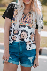 Printed Zip-Collar Short Raglan Sleeve Tee - SHE BADDY© ONLINE WOMEN FASHION & CLOTHING STORE