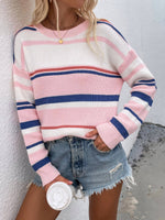 Striped Drop Shoulder Round Neck Pullover Sweater - SHE BADDY© ONLINE WOMEN FASHION & CLOTHING STORE