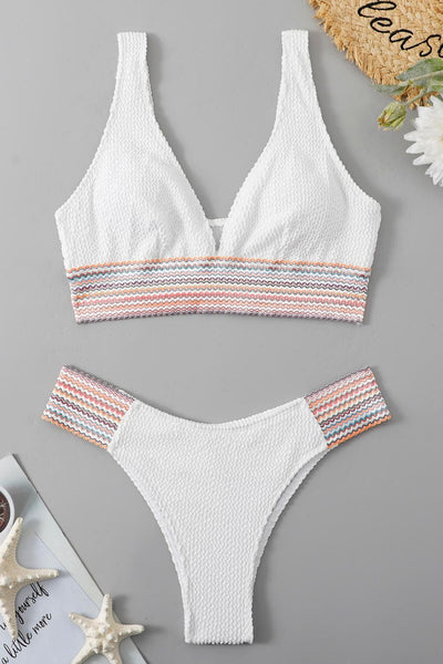 Contrast Textured High Cut Swim Set - SHE BADDY© ONLINE WOMEN FASHION & CLOTHING STORE