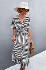 Striped Tie Belt Midi Dress - SHE BADDY© ONLINE WOMEN FASHION & CLOTHING STORE
