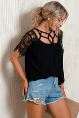 Strappy Neck Spliced Lace Eyelash Trim Blouse - SHE BADDY© ONLINE WOMEN FASHION & CLOTHING STORE