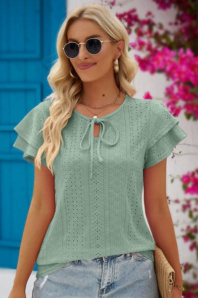 Eyelet Tie-Neck Flutter Sleeve Blouse - SHE BADDY© ONLINE WOMEN FASHION & CLOTHING STORE