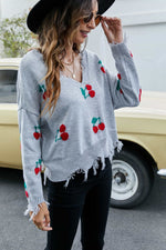 Cherry Pattern Frayed Trim V-Neck Sweater - SHE BADDY© ONLINE WOMEN FASHION & CLOTHING STORE