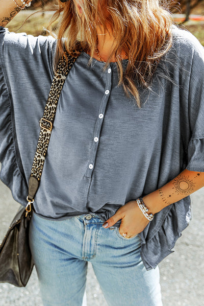 Button Front Flounce Sleeve Tee - SHE BADDY© ONLINE WOMEN FASHION & CLOTHING STORE