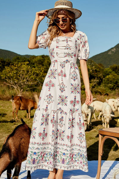 Floral Ruched Puff Sleeve Tiered Maxi Dress - SHE BADDY© ONLINE WOMEN FASHION & CLOTHING STORE