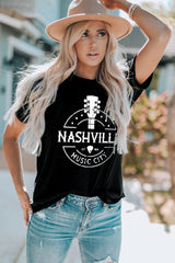 Western NASHVILLE MUSIC CITY Cuffed Graphic Tee Shirt - SHE BADDY© ONLINE WOMEN FASHION & CLOTHING STORE